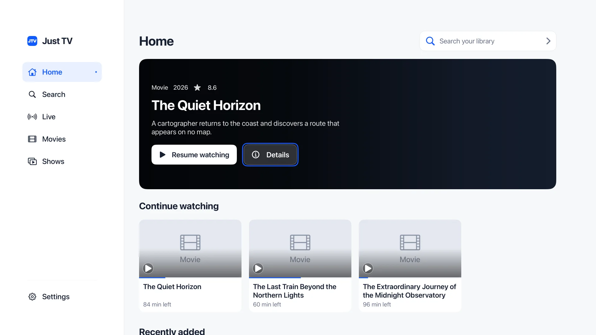 JustTV on Apple TV: a home screen with search, live channels, movies, shows, and continue watching.